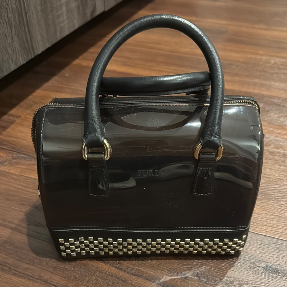 Furla Black Satchel with Gold and Cream Details
